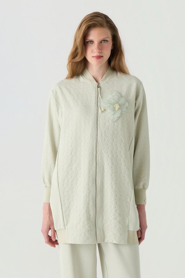 Zühreçiçek Brooched Zippered Jacquard Mint Jacket Ekru 0162