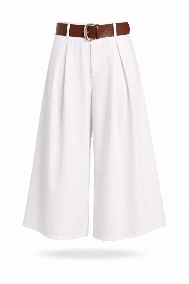 White Belted Wide Leg Trousers 261038