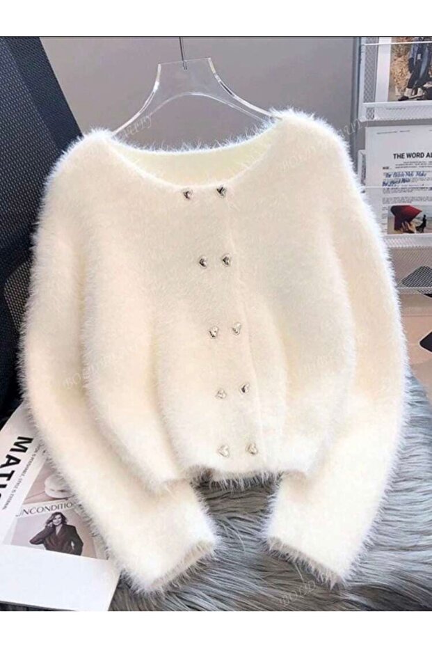 Women's Heart Buttoned Soft Look Knitwear Plush Basic Cardigan