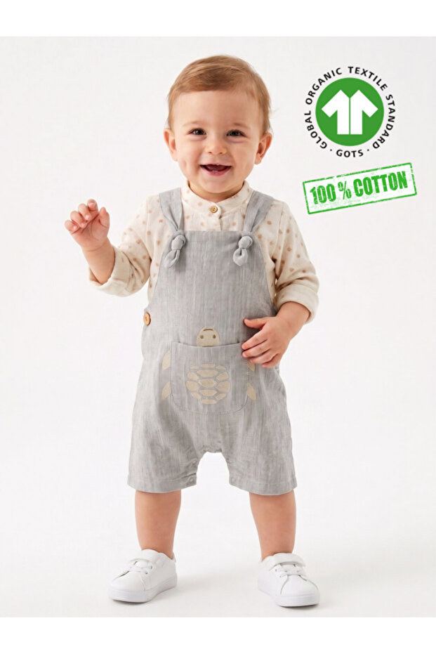 Cotton Turtle Detailed Pocketed Jumpsuit Salopet 2-Piece Baby Boy Set