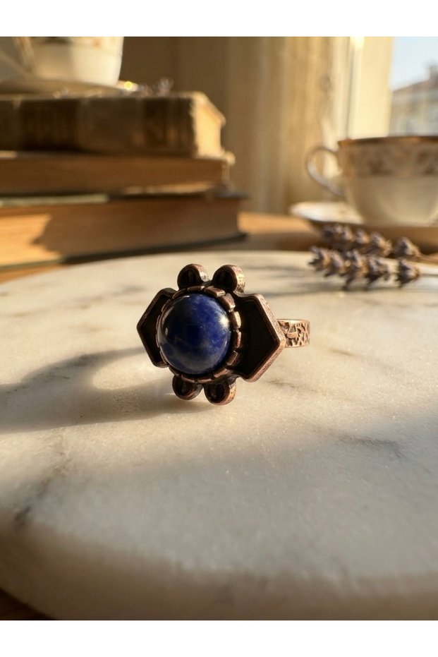 Dark Blue Colored Lapis Lazuli Natural Stone Adjustable Authentic Copper Ring