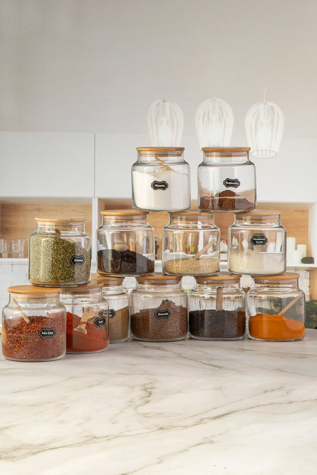 12-Piece Bamboo Spice Container Set with Lids, Spoons, and Labels, Stylish and Convenient