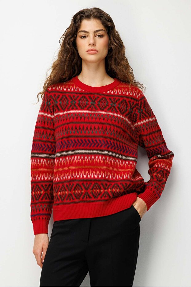 Women's Crew Neck Kilim Patterned Jacquard Wool Sweater O.Red