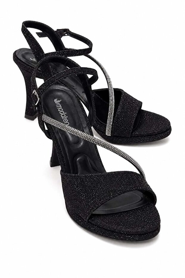 Women's Stoned Single-Heel Painted Platform Heeled Sandals Black Glitter
