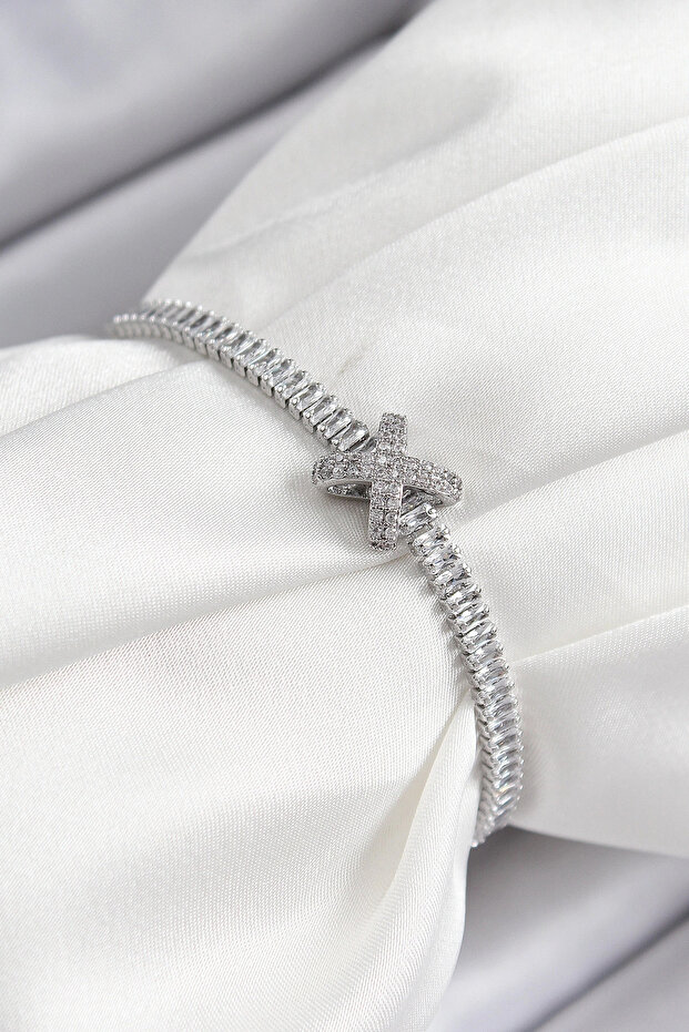Brass Zircon Stone X Detailed Waterway Model Silver Color Elevator Women's Bracelet