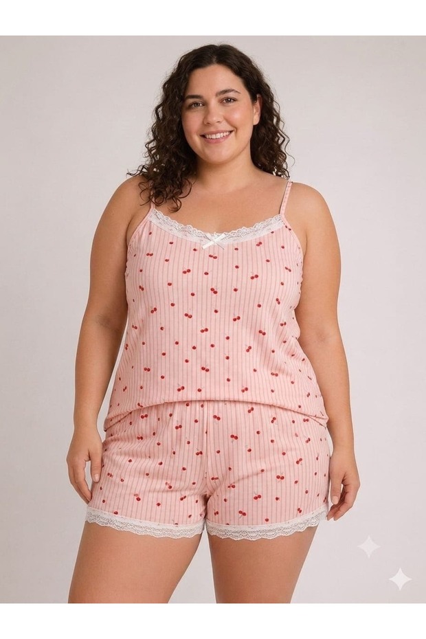 Pink Cherry Patterned Oversized Shorts Set
