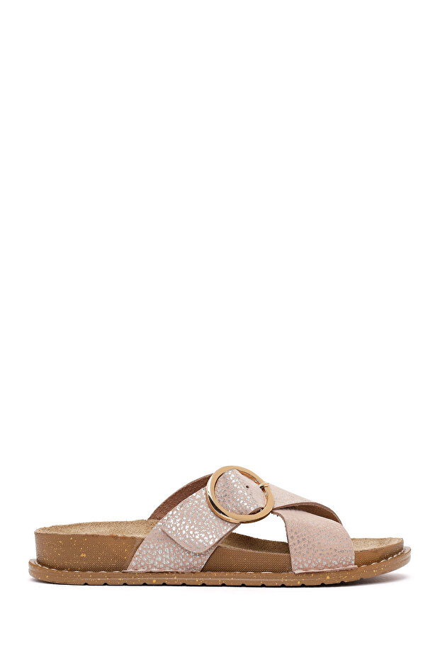 Women's Beige Glittery Leather Slippers 26Sfd5022Sm