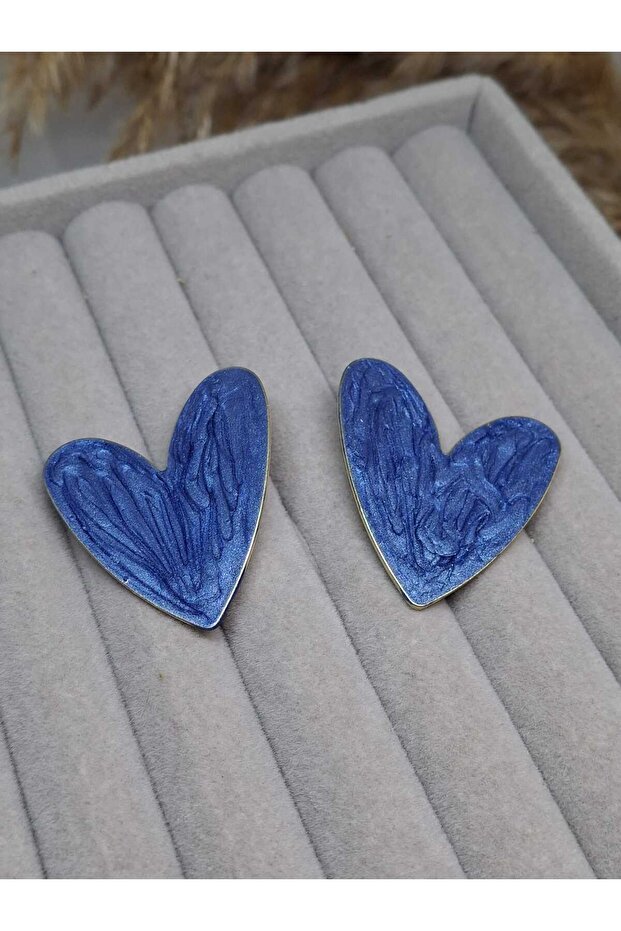 Blue Heart Figured Design Earrings Textured Surface Stylish Women's Accessory