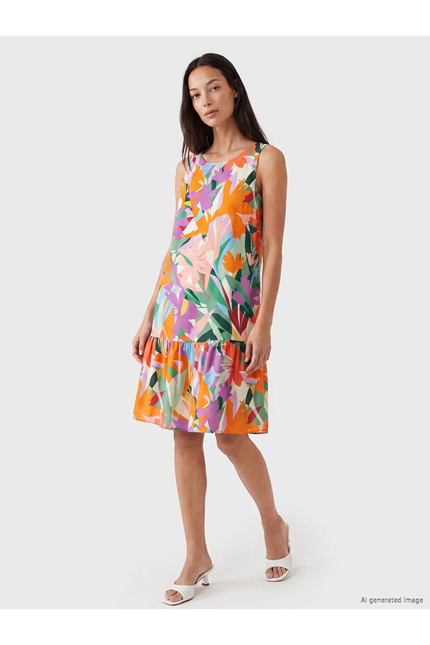 Original Oval Neck Floral Ruffle Dress