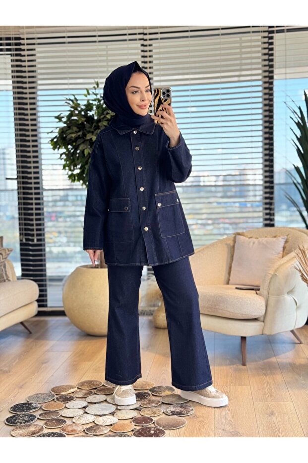 7452 Front Pocket and Stitched Denim Suit Navy Blue