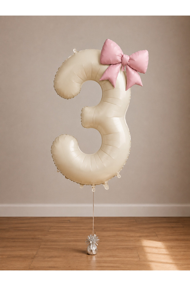 -3- Age Beige Number Powder Pink Bow Foil Balloon Set
