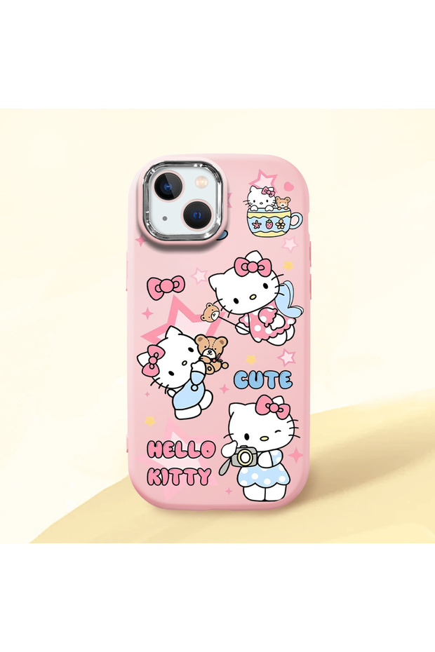 iPhone 14 Plus Compatible Case with Camera Protector Pink Silicone Couple Phone Case with Kitty Pattern