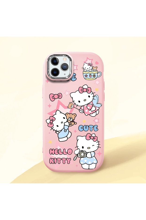 iPhone 11 Pro Max Compatible Case with Camera Protector Pink Silicone Couple Phone Case with Kitty Pattern