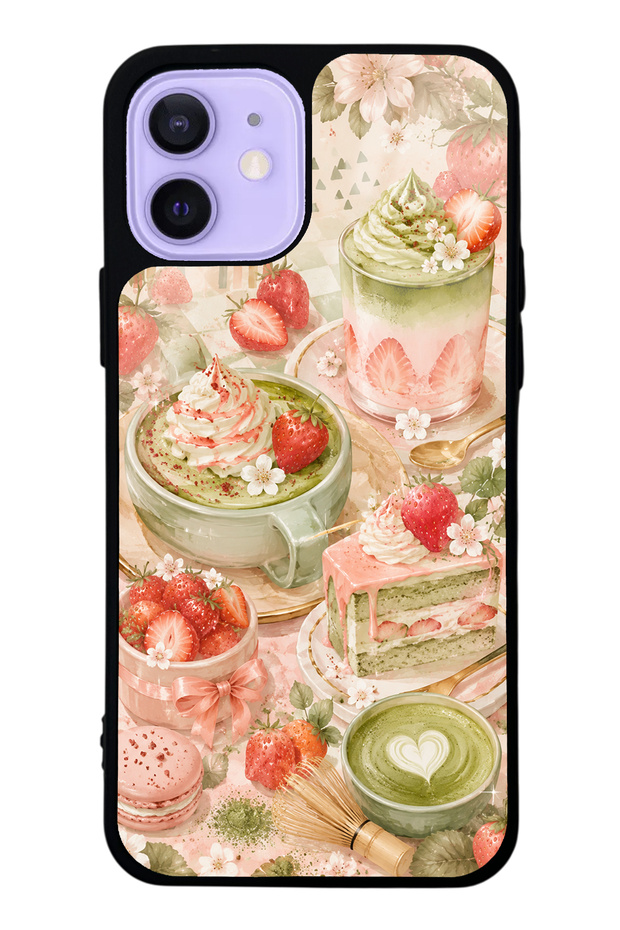 iPhone 12 Blush Matcha Garden Design Glossy Phone Case