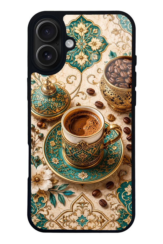 iPhone 16 Plus Turquoise Ottoman Coffee Design Glossy Phone Case