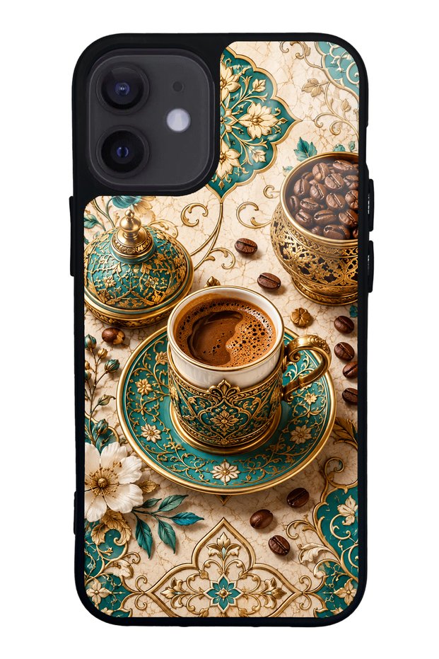 iPhone 12 Mini Turquoise Ottoman Coffee Design Glossy Phone Case