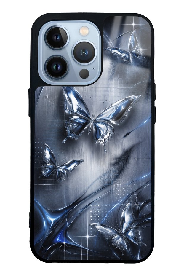 iPhone 13 Pro Midnight Chrome Butterfly Design Glossy Phone Case