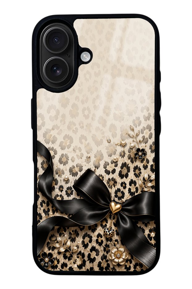 iPhone 16 Golden Leopard Bow Design Glossy Phone Case