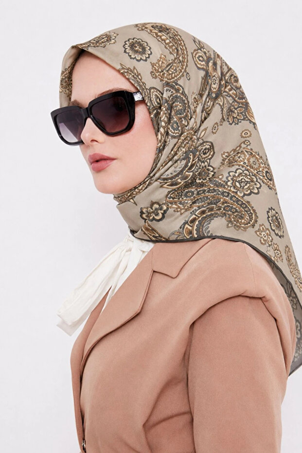 وشاح من القطن والحرير منقوش LS2207 03-لون فاتح من فرو المنك-لون أسمر-لون فرو المنك الداكن