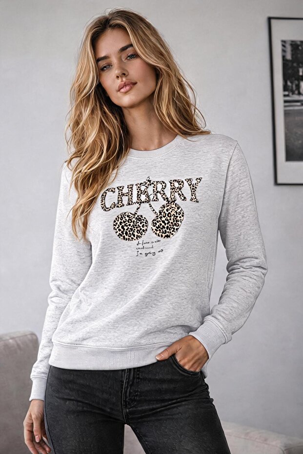 Women's Leopard Cherry Cherry Printed Round Neck Long Sleeve Sweatshirt