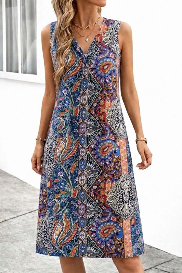 Women's Sleeveless V-Neck Patterned Single Jersey Short Dress