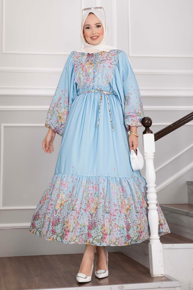 Floral Pattern Half Button Dress Baby Blue