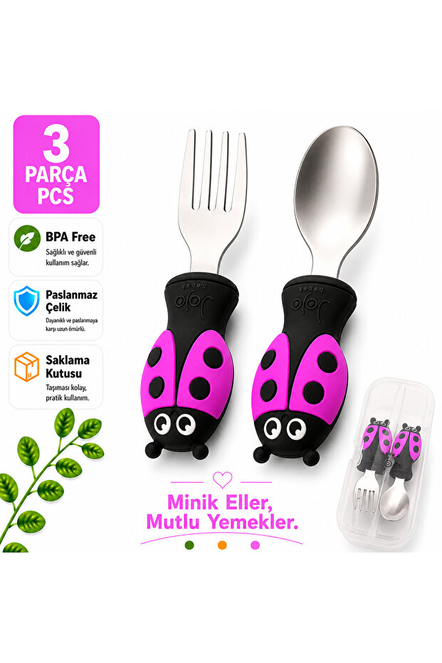 Ladybug Premium Kids Bpa-Free Silicone Handle Stainless Steel Tip Fork-Spoon/Storage Box Purple