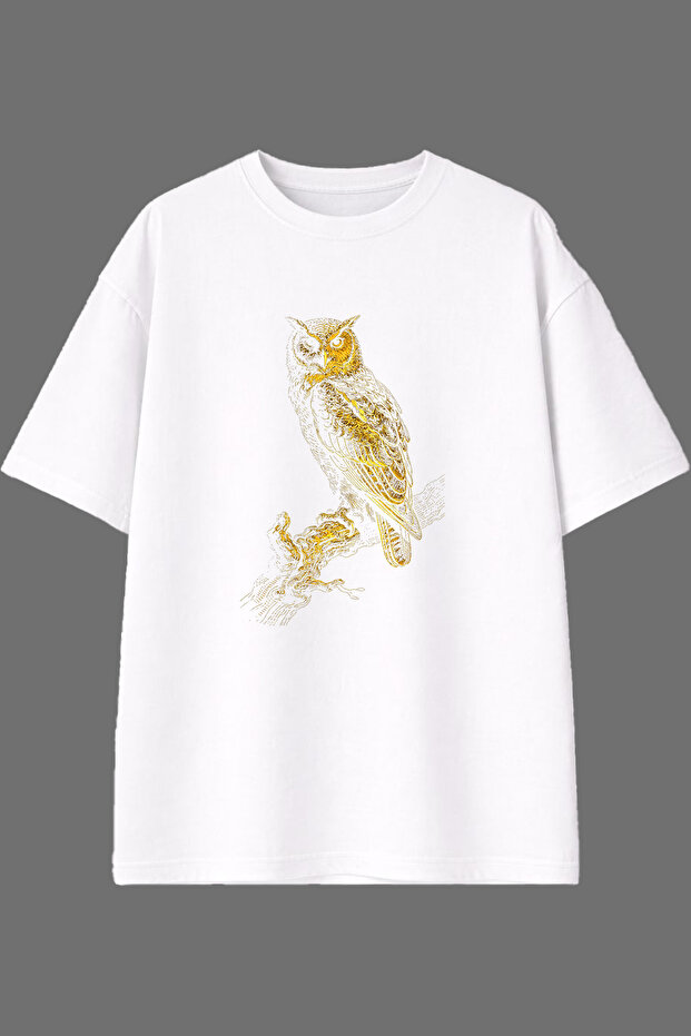 Yellow Owl Design Front Printed White Oversize T-Shirt