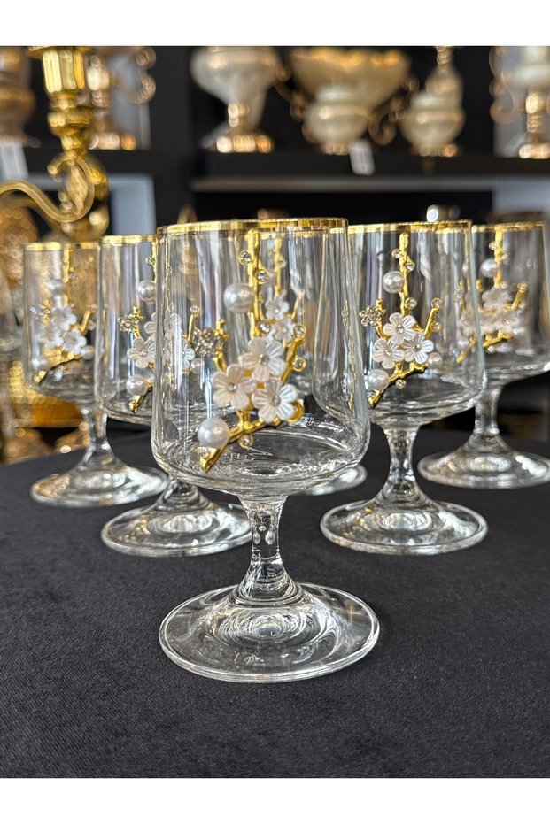 BOHEMIA CRYSTAL, PEARL-EMBELLISHED, BRONZE-TONE, GOLD-GILT DETAILED MEŞRUBAY-T COFFEE-SIDE WATER GLASS 140 ML