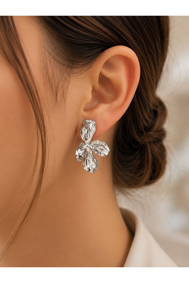 Women's Silver Color Forged Textured Flower Shaped Big Earrings