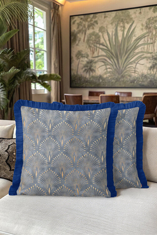 Gold Fan Pattern Fringed Pillowcase - Art Deco Blue Gold Navy Blue Tassel Throw Pillow Cover