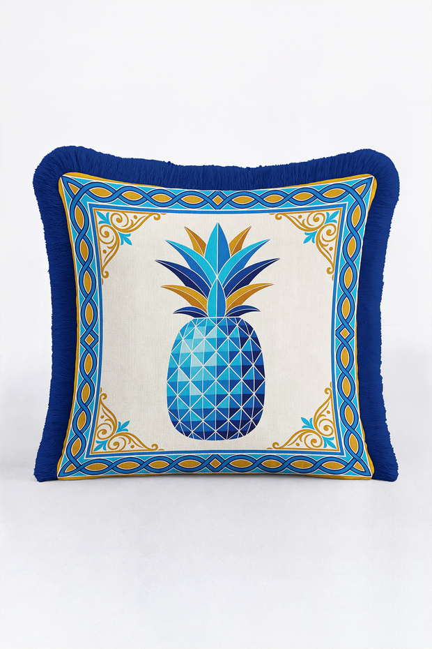 Pineapple Tropical Authentic Motif Fringed Pillowcase - Mediterranean Blue Navy Blue Tasseled Throw Pillow Cover