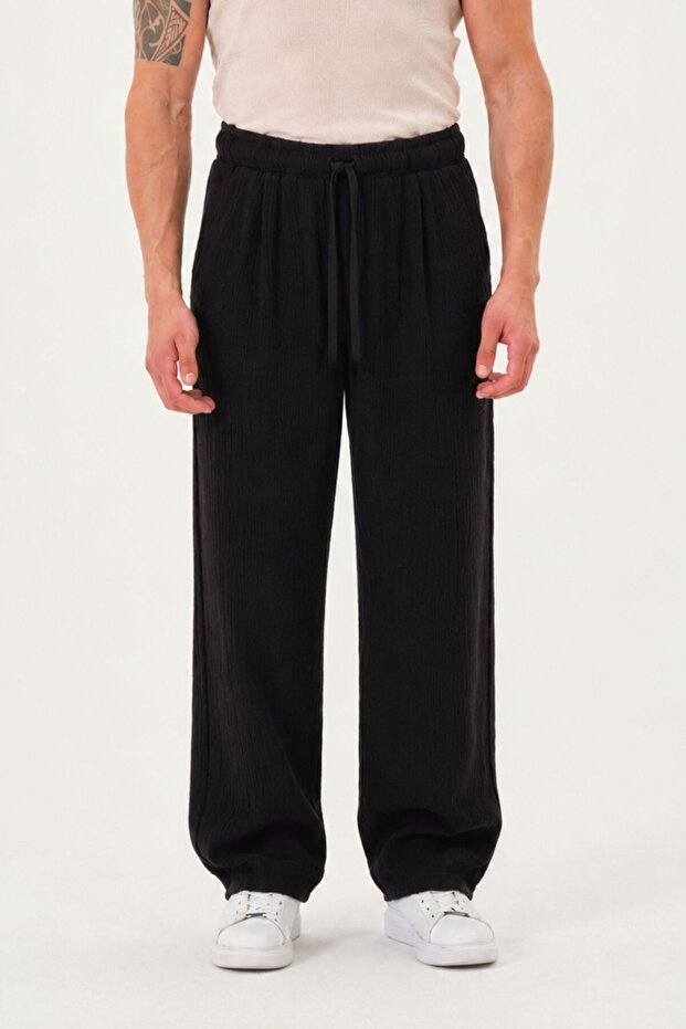 Battal Size 100% Cotton Muslin Casual Cut Summer Black Trousers