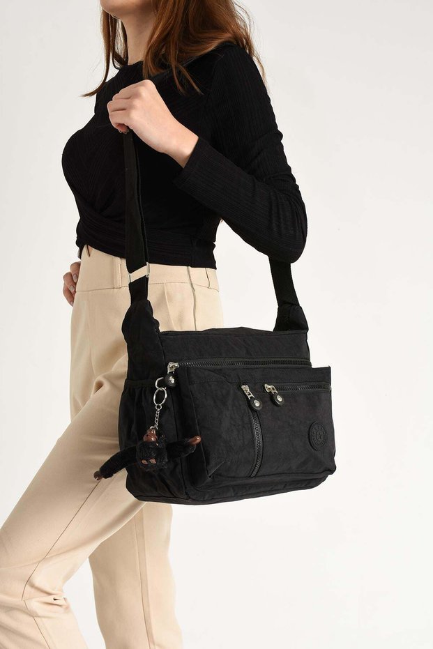 Women's Black Shoulder Bag, Postman Crinkle Fabric Waterproof Crossbody Bag, 26X23Cm