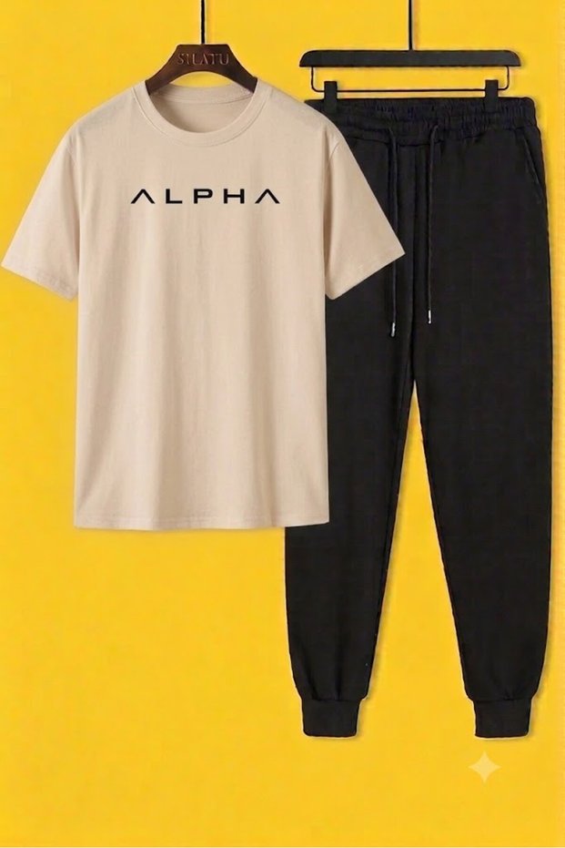 Unisex Alpha Printed Black Tracksuit T-Shirt Set