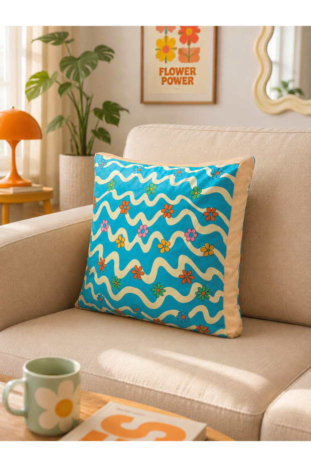 Retro Wave Patterned Mustard Edged Decorative Throw Pillow Cover 40X40 cm
