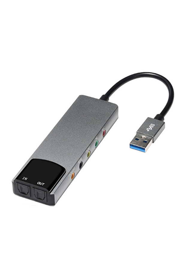 بطاقة صوت خارجية USB رمادية اللون مع محول سماعات AC-3 DTS، نظام صوت 7.1 و5.1 قناة، بطاقة صوت بصرية للكمبيوتر