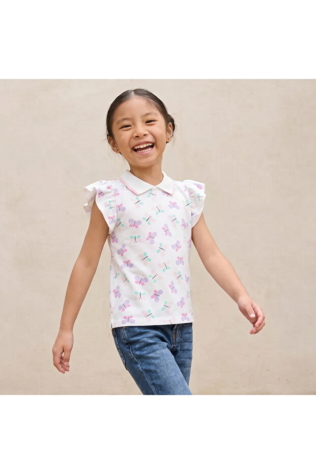 Collared Ruffle Cap Sleeves Polo T-shirt with Bow Print