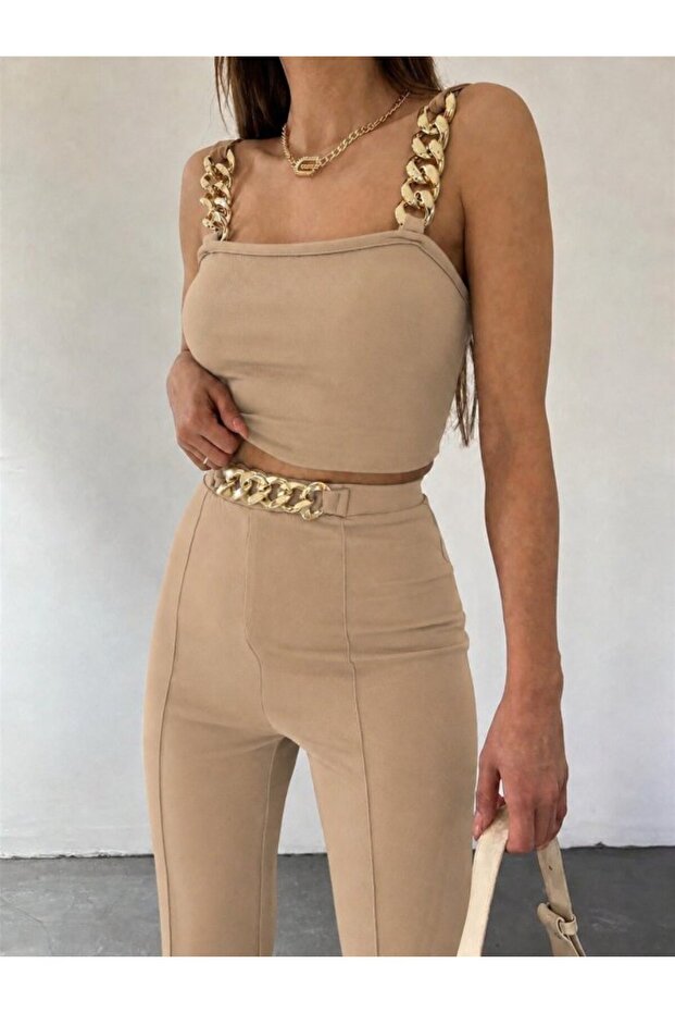 Women's Chain Strap Crop Imported Crepe Blouse and Trousers Two-Piece Set