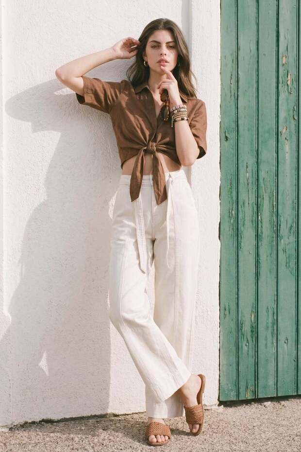 Women's Belted Green Loose Trousers - Ecru