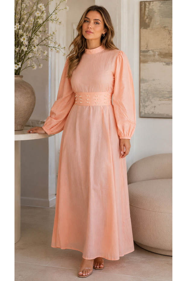 - Peach Pearl Waist Modest Maxi Dress