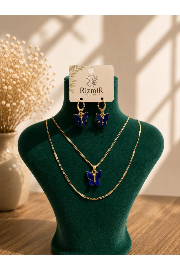 Women's Blue Butterfly Figured Gold Color Necklace and Earring Set