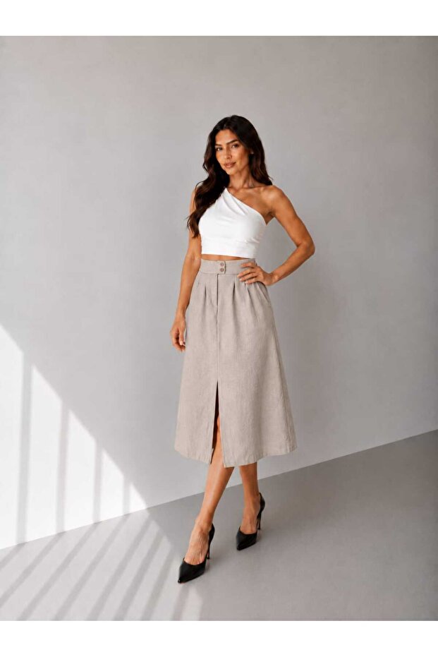 Linen Skirt with Pockets, Front Slit Detail, Double Buttons