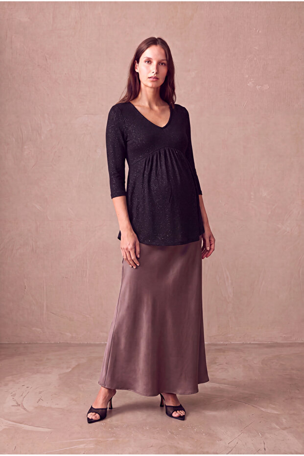 Maternity Black Viscose Blended Glittery Double Breasted V-Neck Long Sleeve Blouse with Breastfeeding Function Scarlet