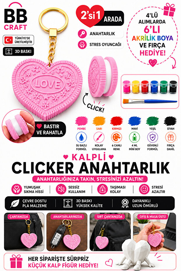 Heart Clicker Keychain 5.5 cm - Stress Relief Toy - 4-Pack with 6 Acrylic Paints and Brush Gift