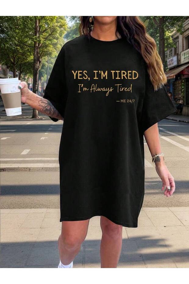 Black Women's Oversize Cut Printed Long Tunic - Crew Neck