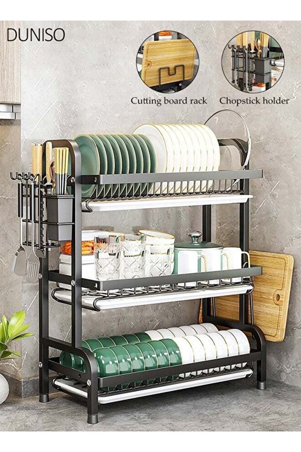 3 Tier Dish Drying Rack Large Capacity Metal Dish Rack with Drainboard Utensil Holder Cutting Board Holder & Hooks Rustproof Kitchen Counter Organizer for Plates, Cups, Utensils