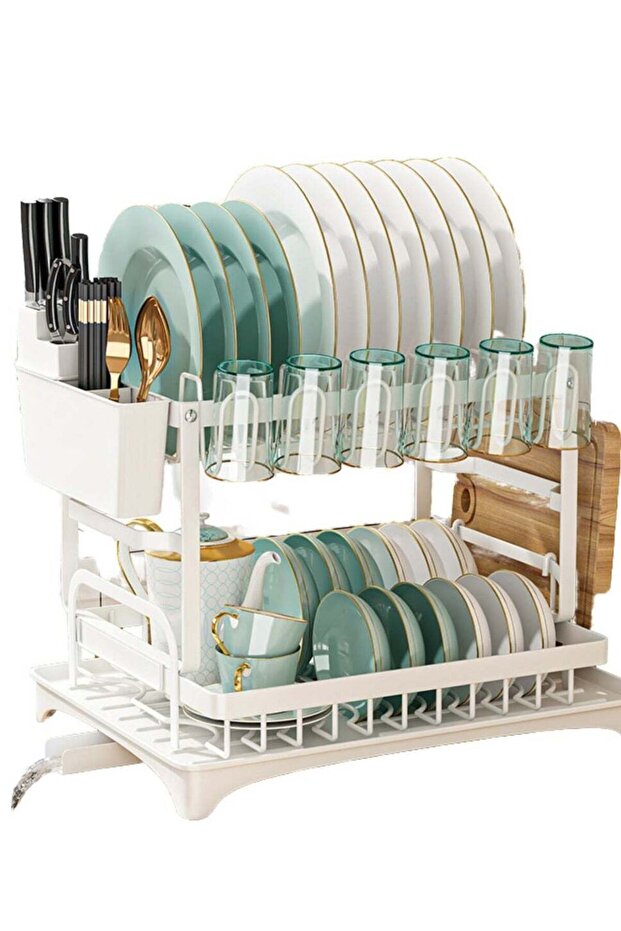 2 Tier Dish Drying Rack for Kitchen Counter – Dish Rack with Drainboard, Kitchen Organizer, Metal Dish Drainers, Kitchen Racks Organiser with Glass Storage