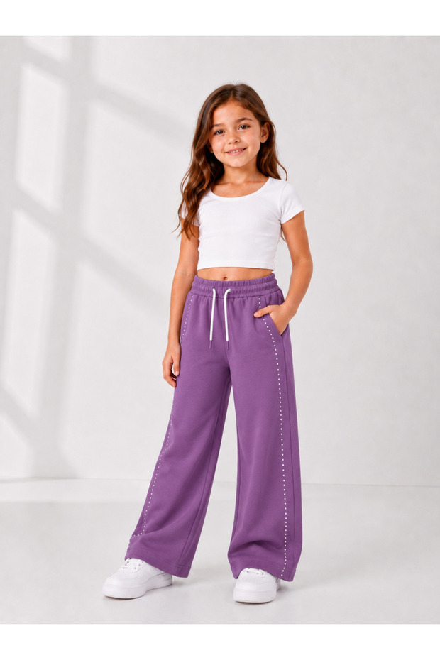 Mişil 23807-26 Girls' Stone Detailed Wide-Leg Sweatpants with Elastic Waist and Laces, Comfortable Casual Trousers