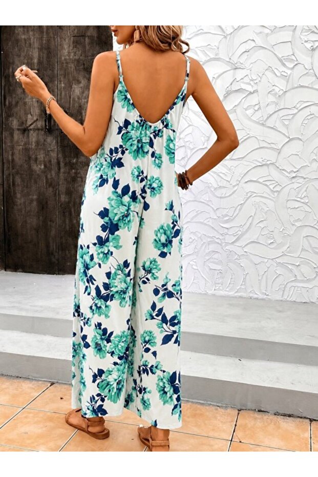 Women's Rope Strap Round Neck Pocket Detailed Loose Single Jersey Long Jumpsuit